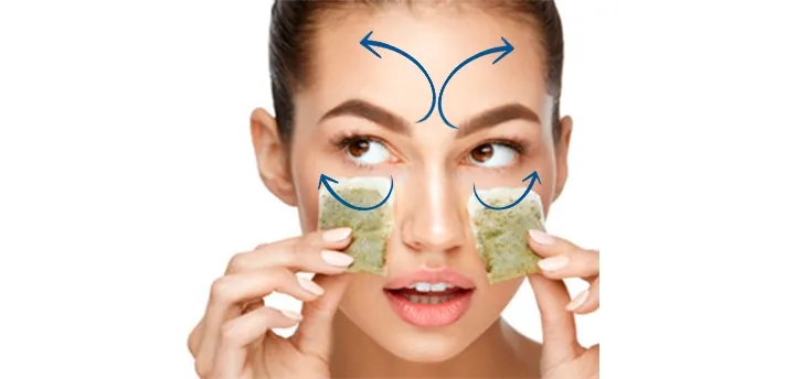Remedio natural antiojeras Mujer aplicando bolsitas de té para reducir retención de líquidos