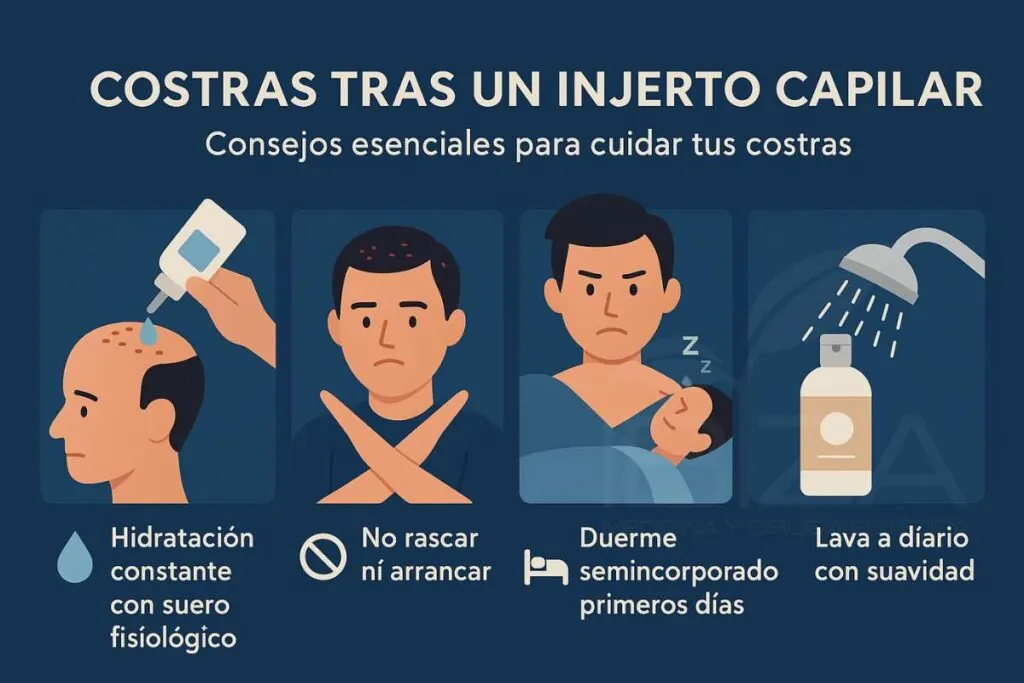 Infografía con consejos para cuidar las costras tras un injerto capilar