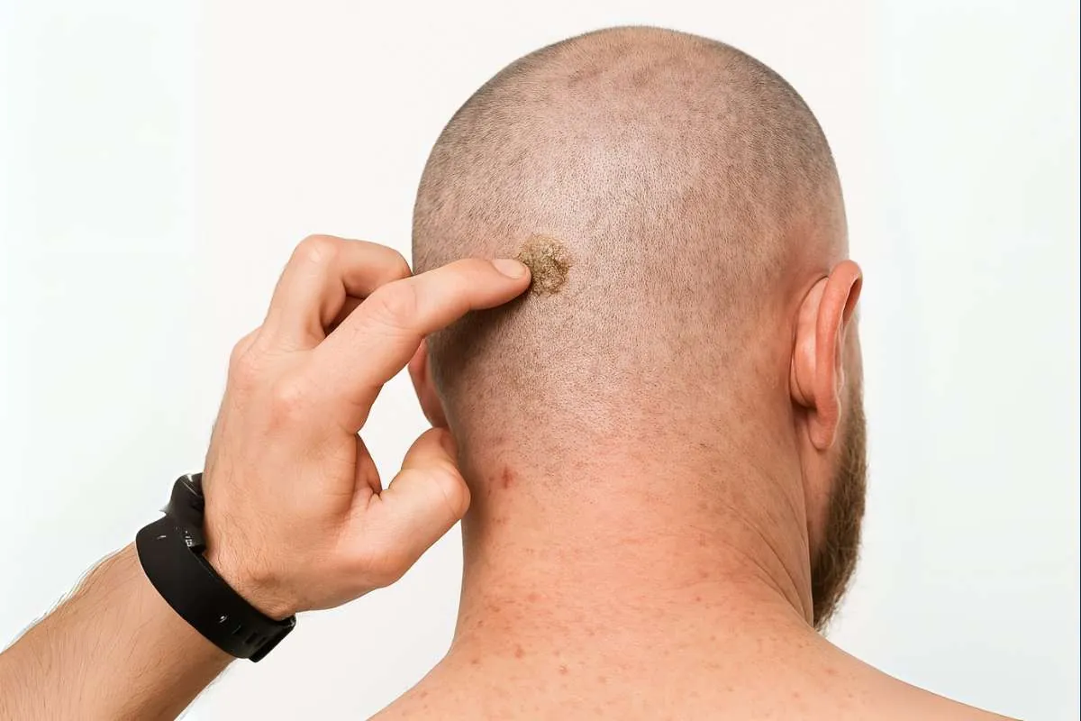 Foliculitis después de injerto capilar Hombre señalando costra por foliculitis en cuero cabelludo tras injerto capilar