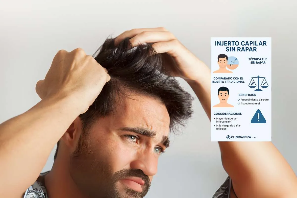 Injerto capilar sin rapar Hombre revisando cabello junto a infografía injerto capilar sin rapar