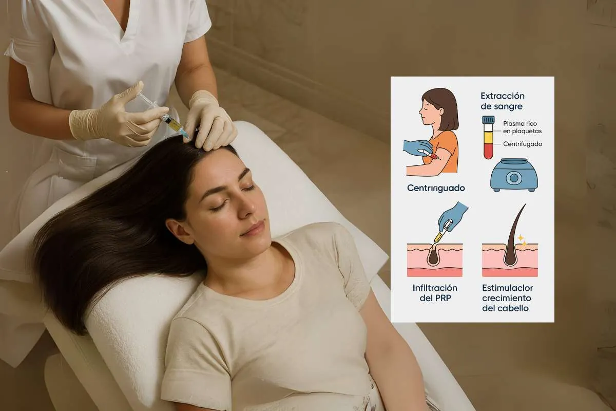 Mujer recibiendo tratamiento PRP capilar con infografía del proceso