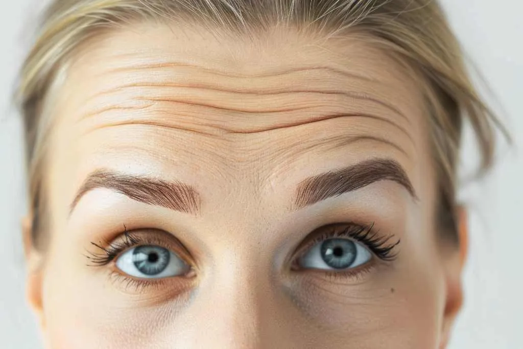 Arrugas en la frente Mujer rubia con arrugas horizontales marcadas en la frente