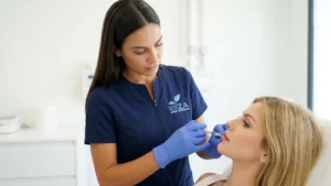Médico de Clínica Ibiza realizando aumento de labios con ácido hialurónico en Madrid