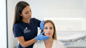 Médica de Clínica Ibiza palpando los pómulos en valoración previa al aumento con ácido hialurónico en Madrid