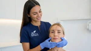 Profesional de Clínica Ibiza marcando los párpados de una paciente antes de una blefaroplastia superior en Madrid