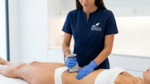 Profesional de Clínica Ibiza aplicando cavitación ultrasónica en el abdomen en Madrid