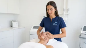 Esteticista de Clínica Ibiza Madrid realizando un tratamiento de hidratación facial con masaje a una paciente