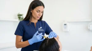 Médica de Clínica Ibiza inyectando mesoterapia capilar en el cuero cabelludo en Madrid
