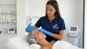 Esteticista de Clínica Ibiza Madrid aplicando microinyecciones de mesoterapia facial a una paciente