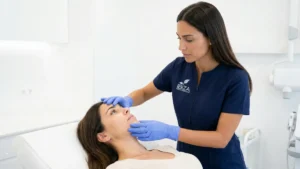 Médico de Clínica Ibiza valorando los labios antes del perfilado con ácido hialurónico en Madrid