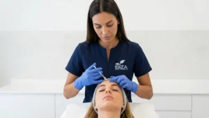 Médica de Clínica Ibiza inyectando bótox en la frente de una paciente en Madrid