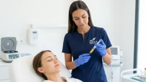 Esteticista de Clínica Ibiza Madrid preparando una jeringa de Plasma Rico en Plaquetas (PRP) tras centrifugado, junto a una paciente