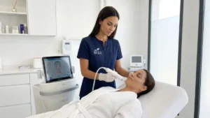 Esteticista de Clínica Ibiza Madrid aplicando radiofrecuencia fraccionada con microagujas en el rostro de una paciente