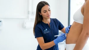 Profesional de Clínica Ibiza marcando la zona del ombligo antes de la reconstrucción umbilical en Madrid