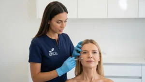 Médica de Clínica Ibiza inyectando ácido hialurónico en el surco nasogeniano en Madrid