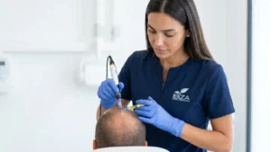 Médica de Clínica Ibiza realizando un tratamiento capilar regenerativo a paciente con alopecia en Madrid