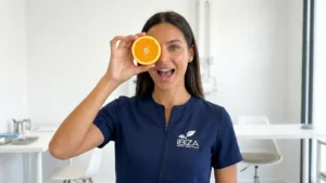 Esteticista de Clínica Ibiza Madrid sosteniendo media naranja como símbolo de vitamina C para tratamiento de vitaminas faciales