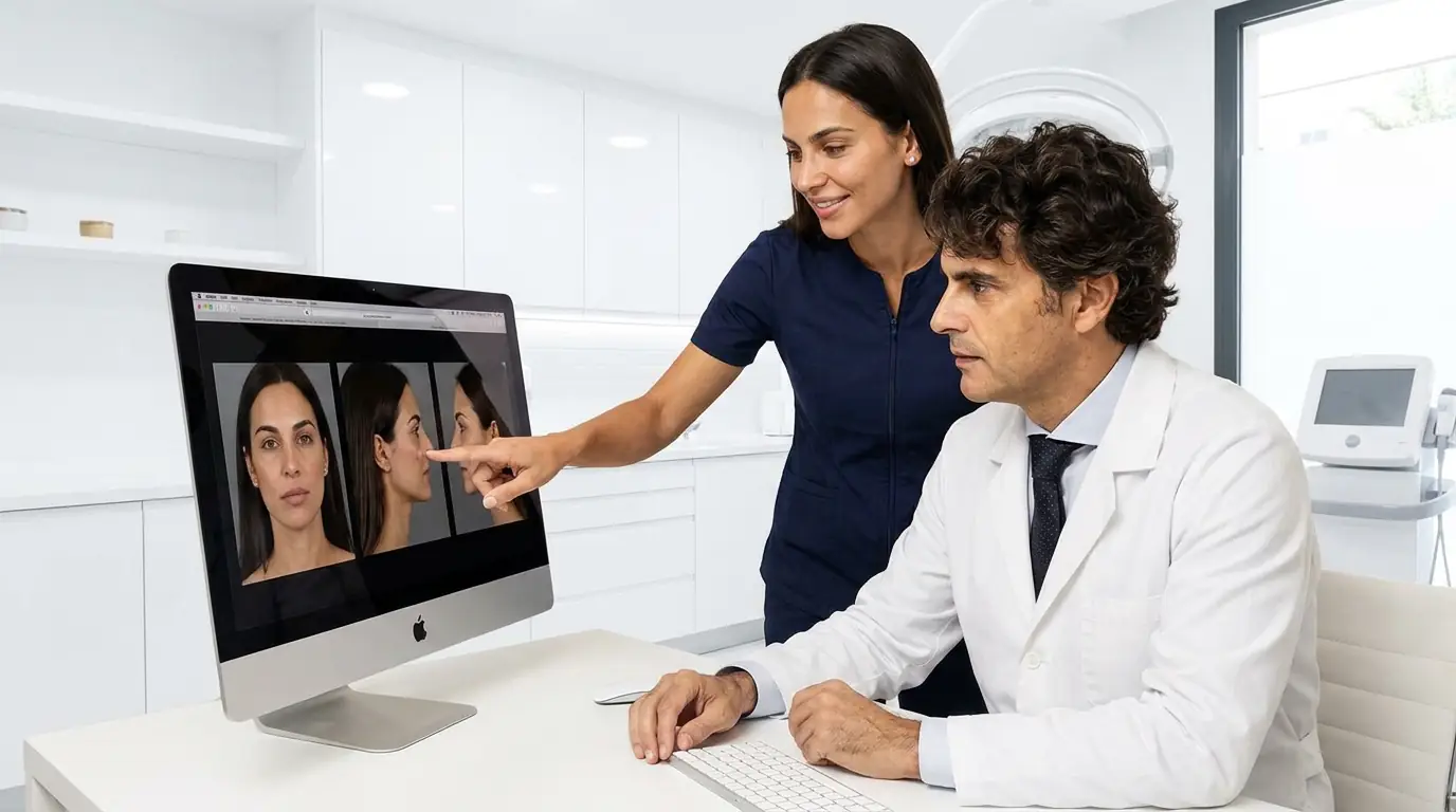 Cirujano plástico y esteticista de Clínica Ibiza analizando el estudio facial de una paciente durante una valoración de cirugía estética en Madrid